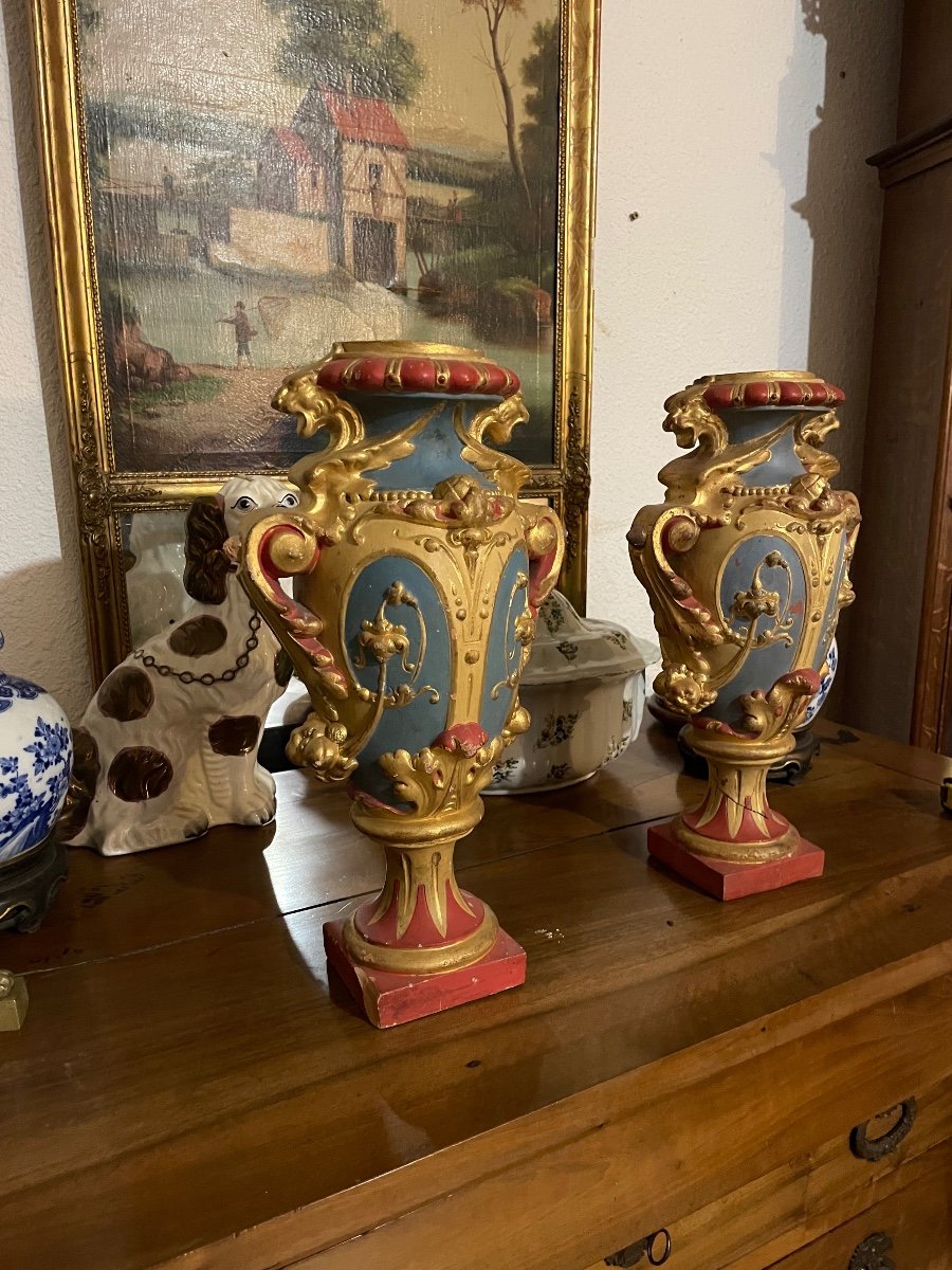 Paire De Vases En Terre, Cuite, Polychrome, époque  XIXém Siècle -photo-3