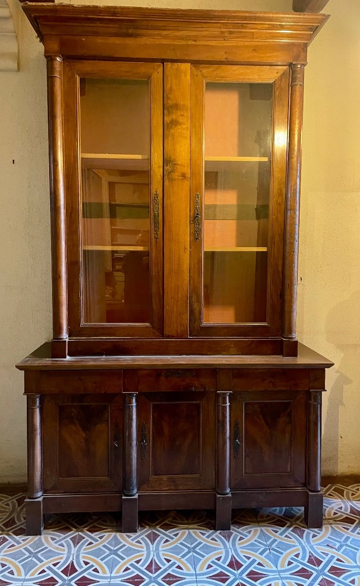 Sideboard, 5 Doors, Empire Bookcase In Walnut, 19th Century.