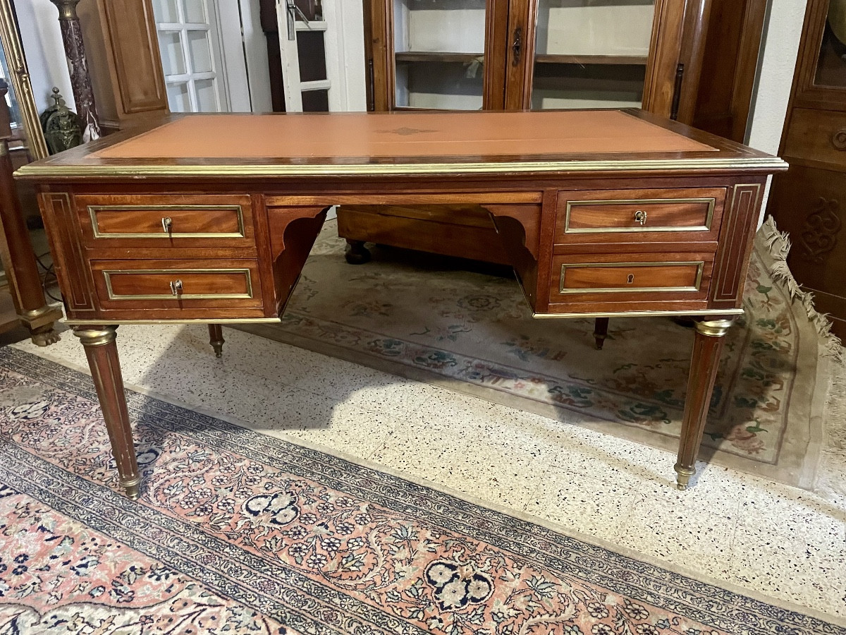 Bureau,, Plat, Louis XVI, En Acajou D’époque XIXe Siècle