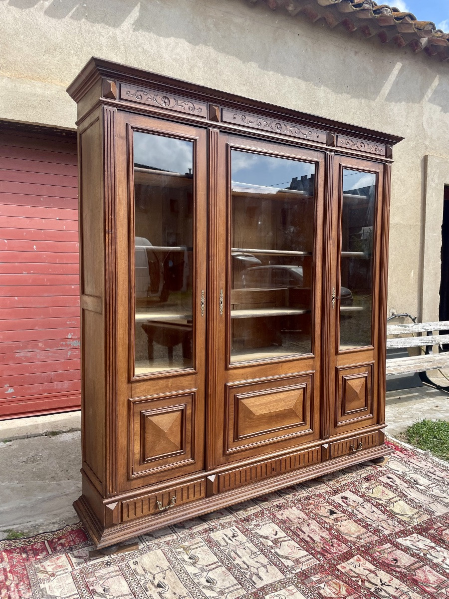 Large Napoleon III Bookcase, In Solid Walnut, 19th Century.-photo-2