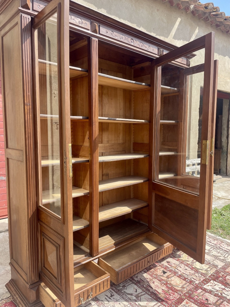 Large Napoleon III Bookcase, In Solid Walnut, 19th Century.-photo-2