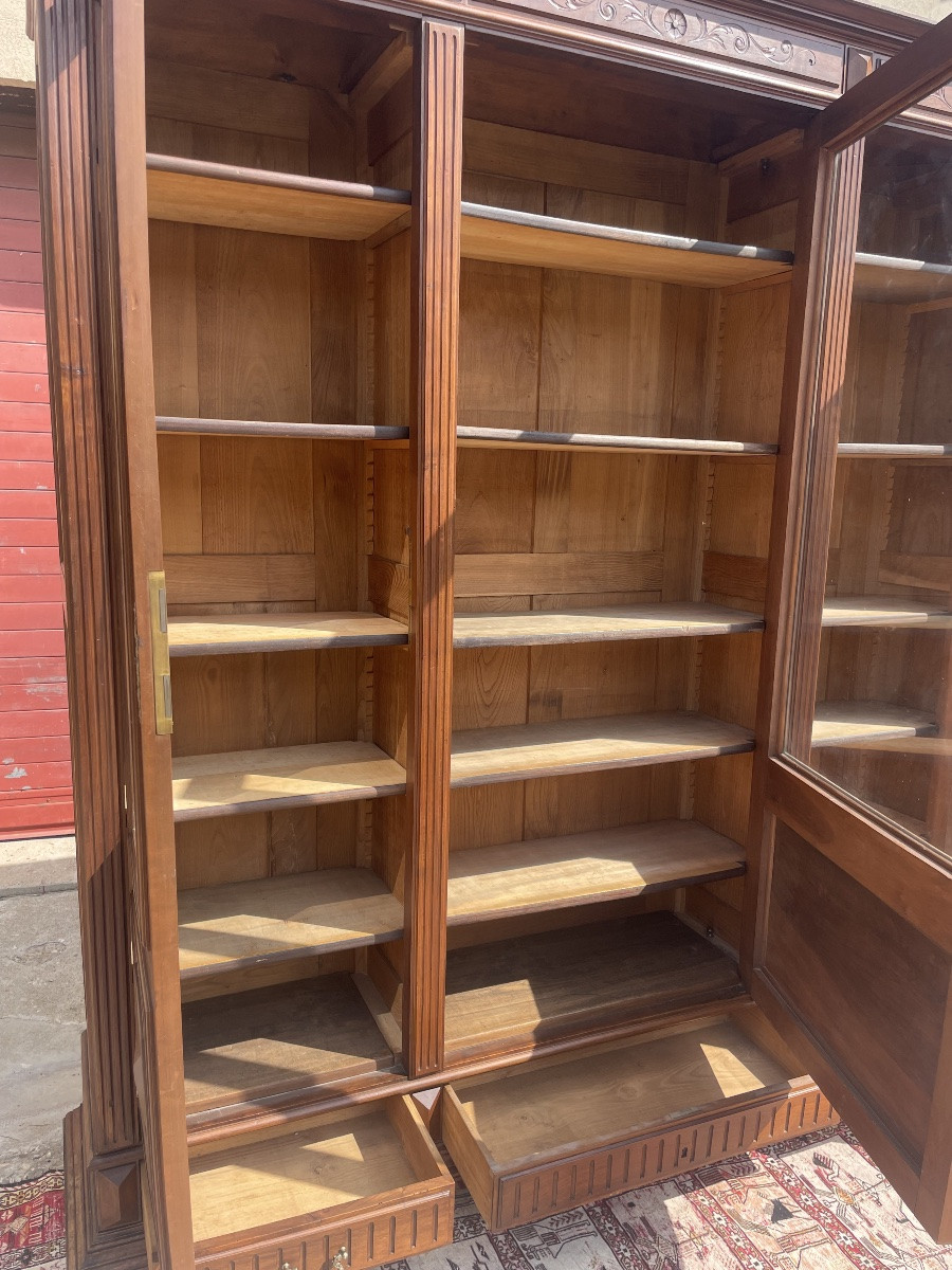 Large Napoleon III Bookcase, In Solid Walnut, 19th Century.-photo-3