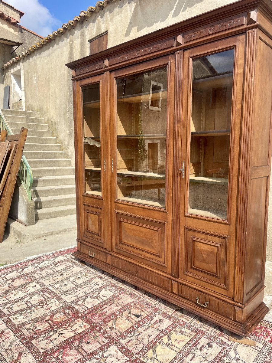 Large Napoleon III Bookcase, In Solid Walnut, 19th Century.-photo-5