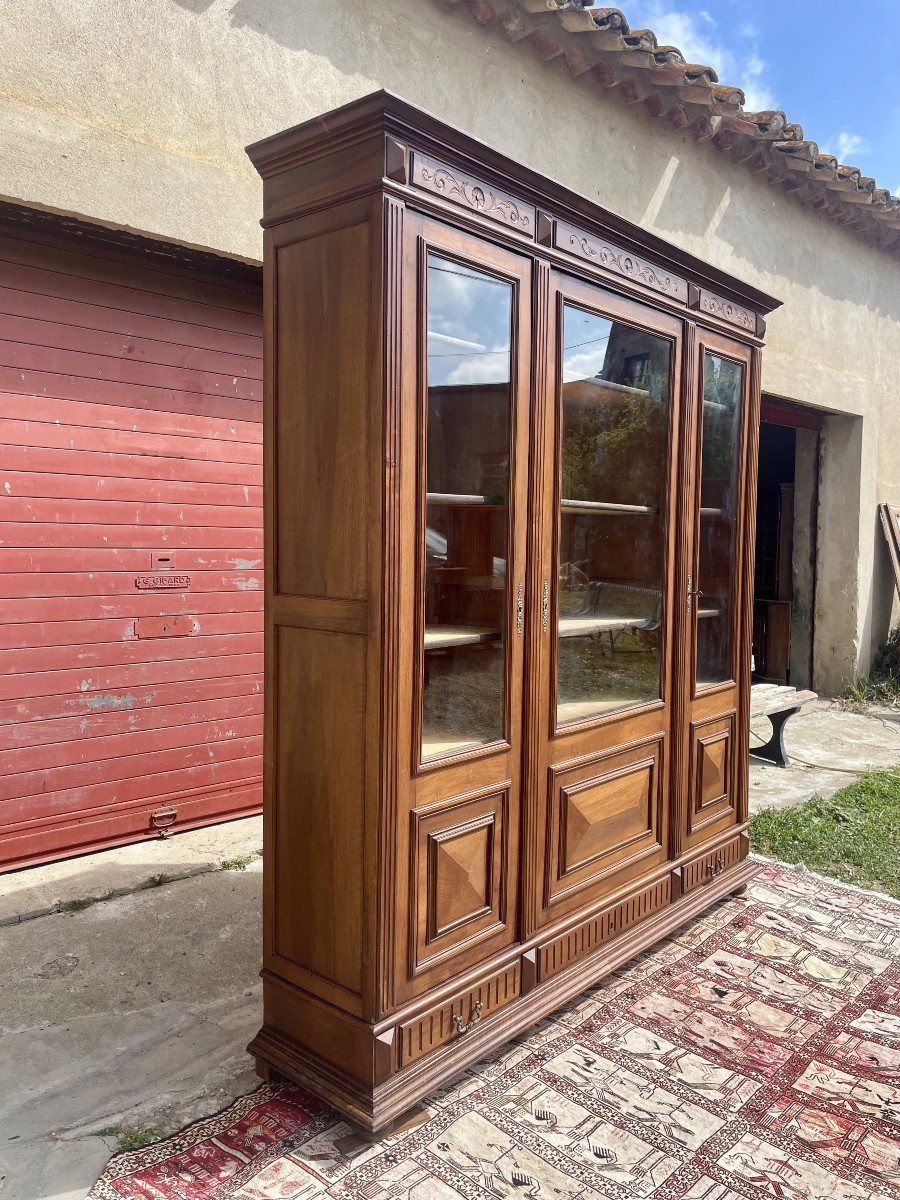 Large Napoleon III Bookcase, In Solid Walnut, 19th Century.-photo-6