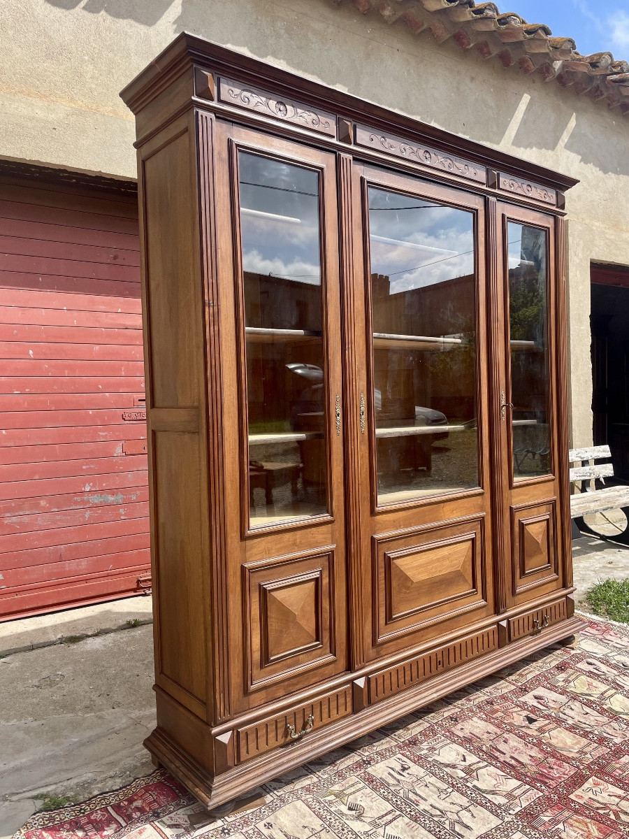 Large Napoleon III Bookcase, In Solid Walnut, 19th Century.-photo-8