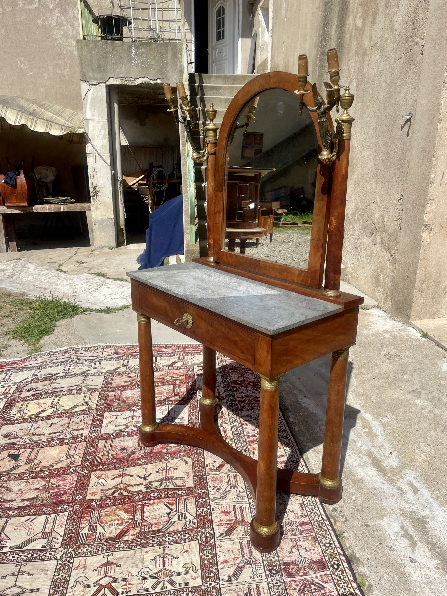 Empire Mahogany Dressing Table With Two Bronze Appliques Of Women, 19th Century -photo-2