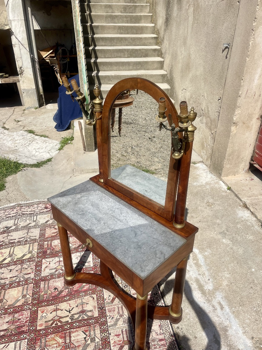 Empire Mahogany Dressing Table With Two Bronze Appliques Of Women, 19th Century -photo-2