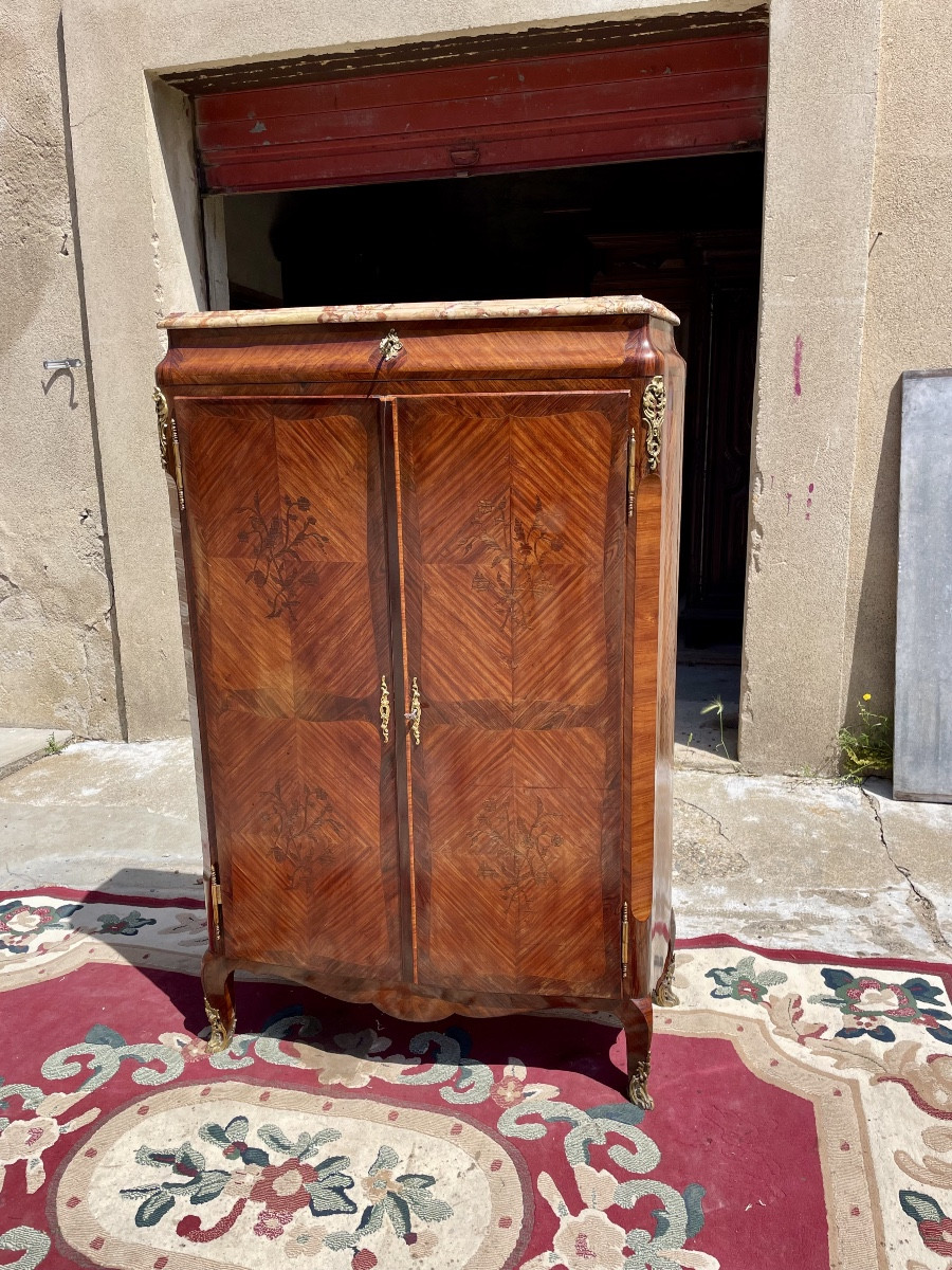 Louis XV Cabinet, Curved In Marquetry, From The 19th Century.
