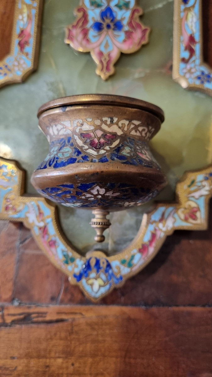 Large Wall-mounted Holy Water Font In Green Onyx And Cloisonné Enamel From The 19th Century -photo-1