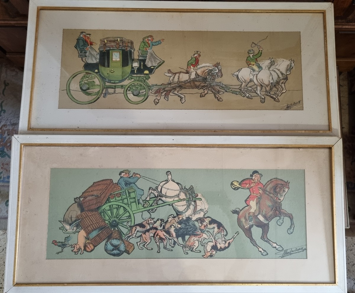 Paire d'illustrations signées Albert Guillaume époque 1900