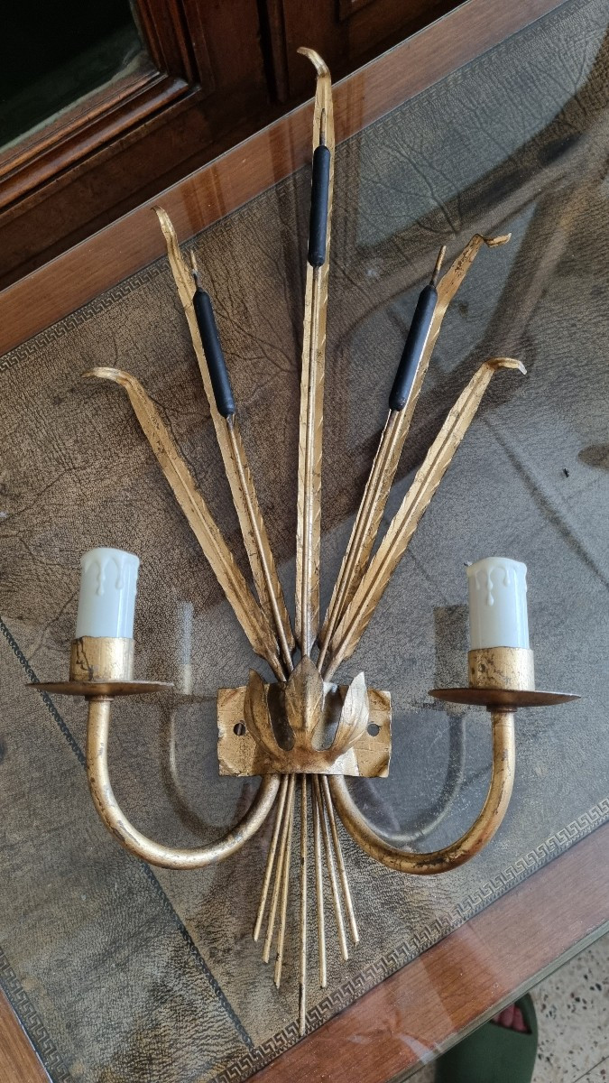 Pair Of Wall Lights, Reed Motifs, Ferrocolor Workshop, 1960-photo-3