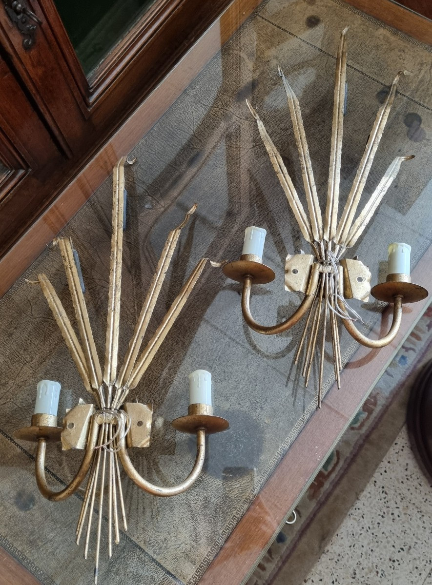 Pair Of Wall Lights, Reed Motifs, Ferrocolor Workshop, 1960-photo-4