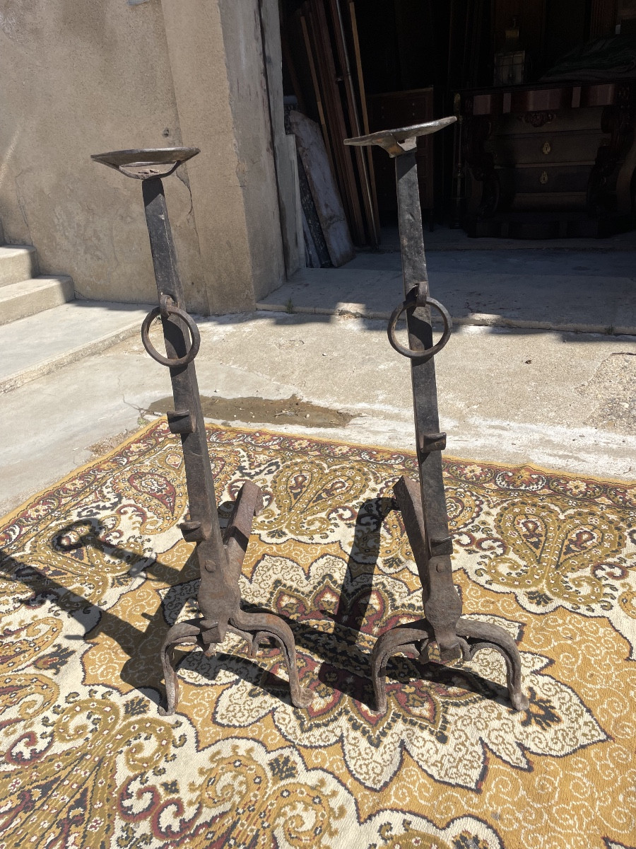 Pair Of Landier, In Wrought Iron, 15th Century Period-photo-2