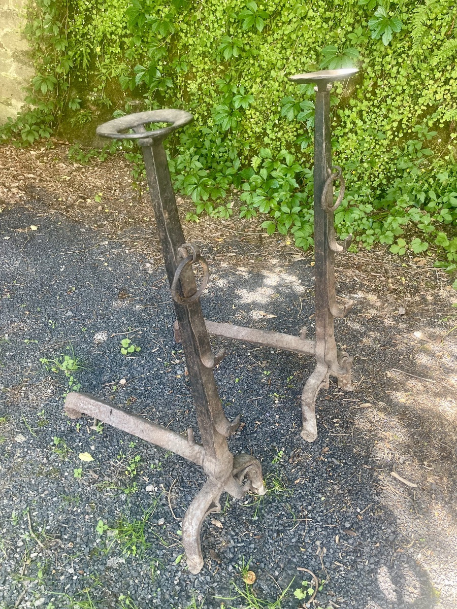 Pair Of Landier, In Wrought Iron, 15th Century Period-photo-3