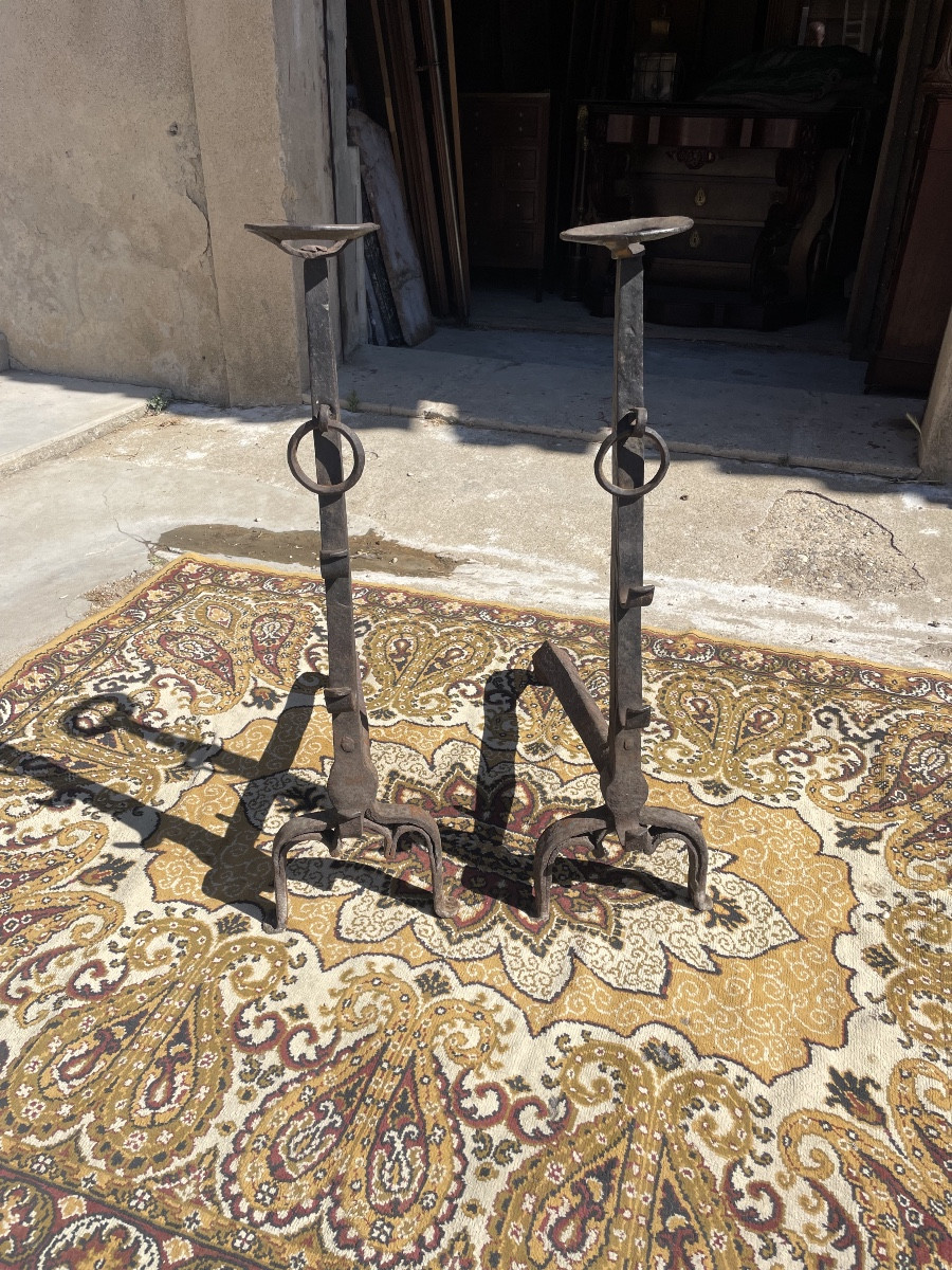 Pair Of Landier, In Wrought Iron, 15th Century Period-photo-4