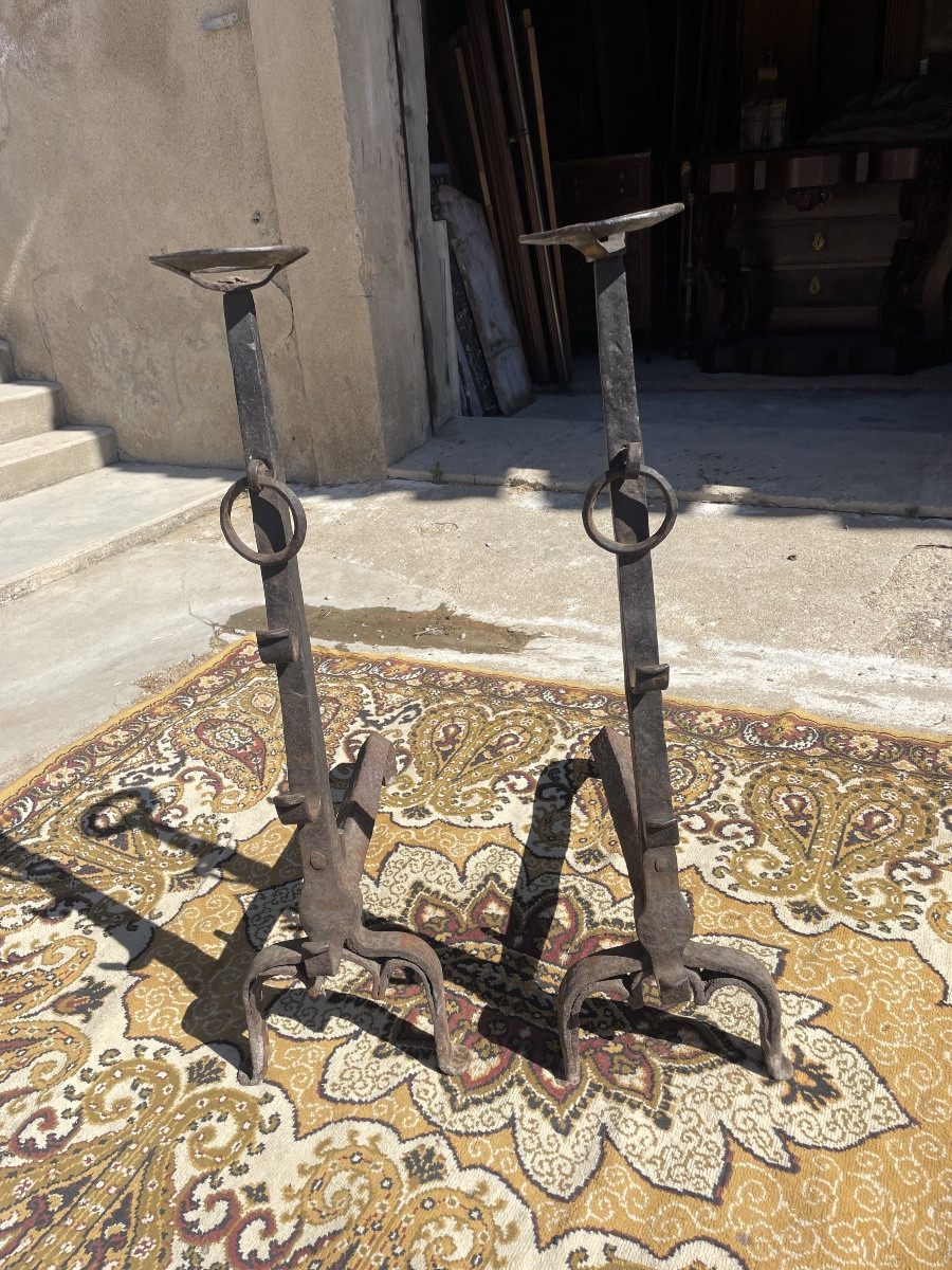 Pair Of Landier, In Wrought Iron, 15th Century Period