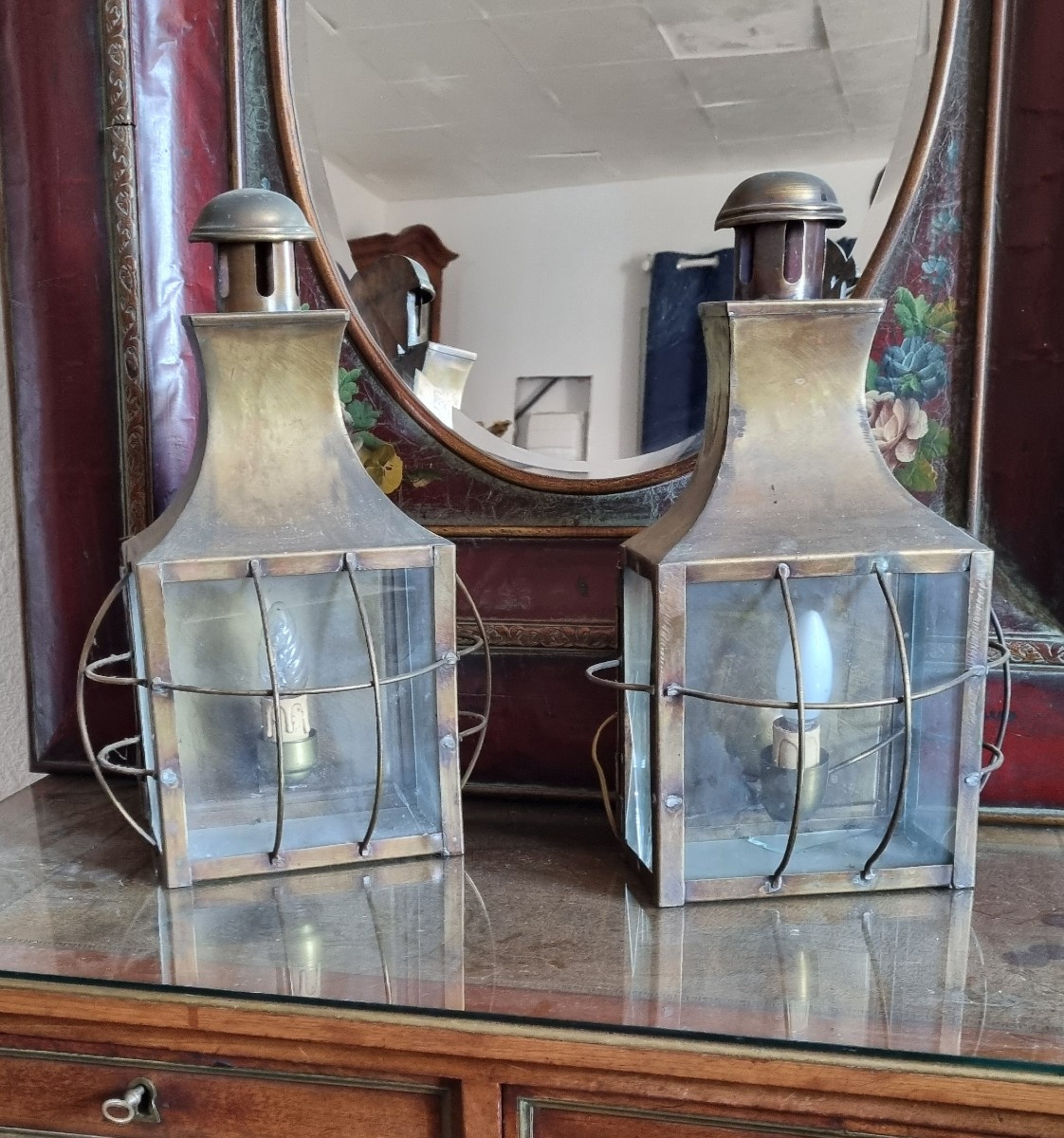 Paire de lanternes murale en laiton et verre ,époque 1900