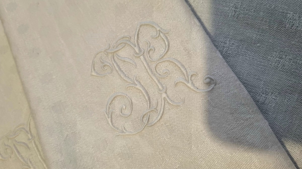 Service de table nappes et serviettes damassé monogramme époque XIXé-photo-1