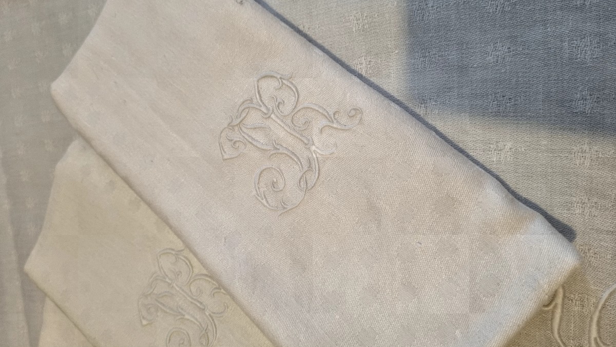 Service de table nappes et serviettes damassé monogramme époque XIXé-photo-3