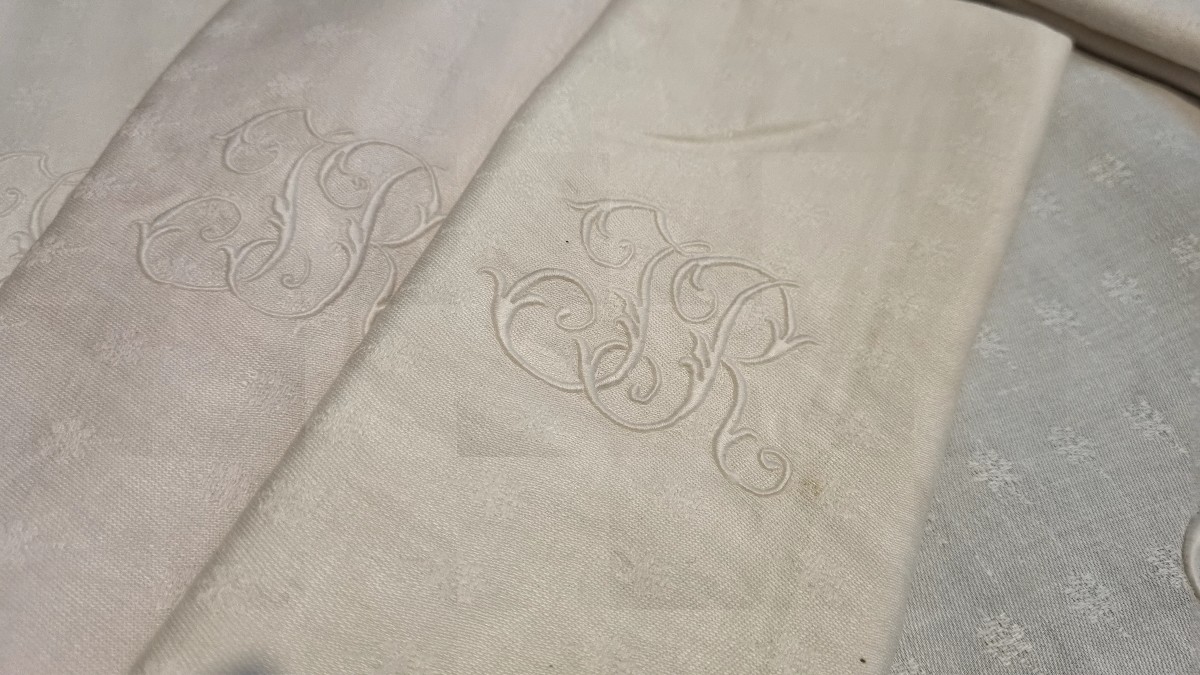 Service de table nappes et serviettes damassé monogramme époque XIXé-photo-5
