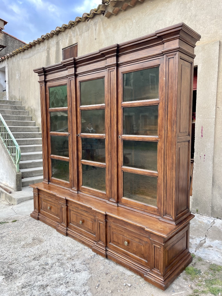 Bibliothèque directoire en noyer massif, d époque 1900.-photo-8