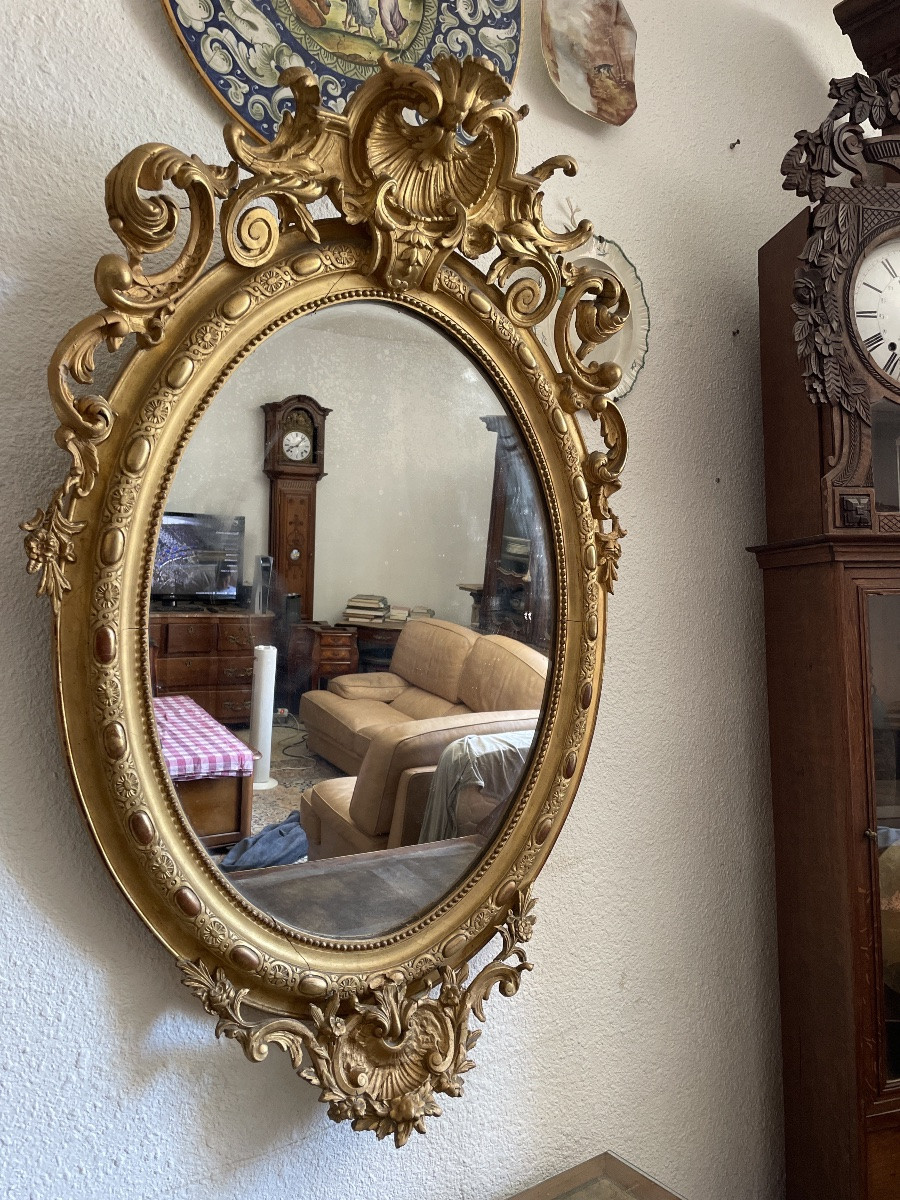 Miroir ovale, Louis XVI, en bois doré d’époque, Napoléon III. 19 em siècle -photo-2