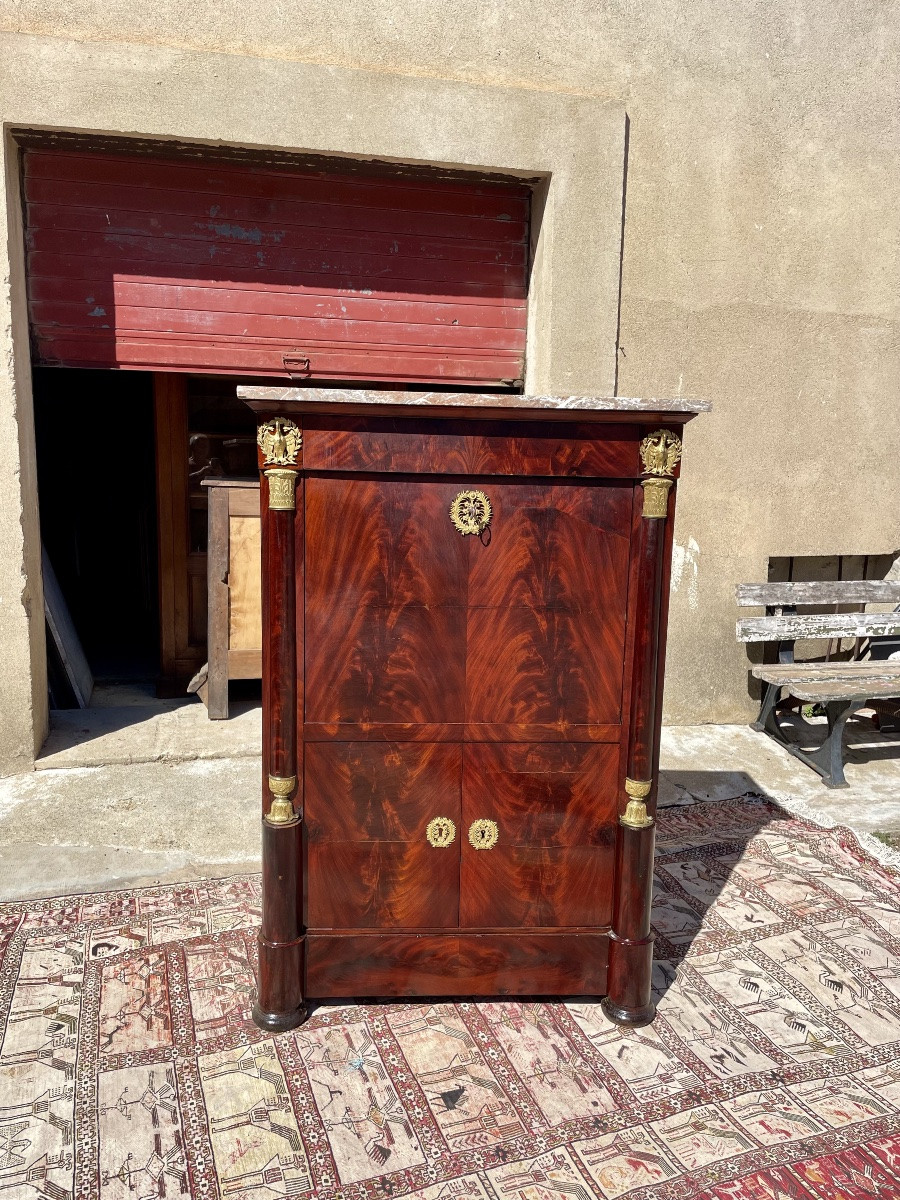 Empire Secretary With Constricted Columns, In Mahogany, 19th Century -photo-2