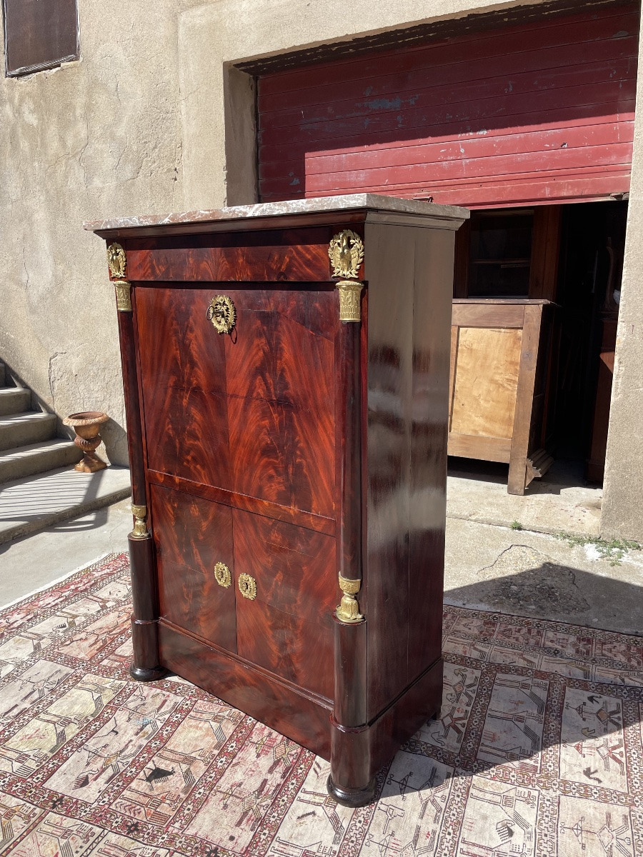 Empire Secretary With Constricted Columns, In Mahogany, 19th Century -photo-3