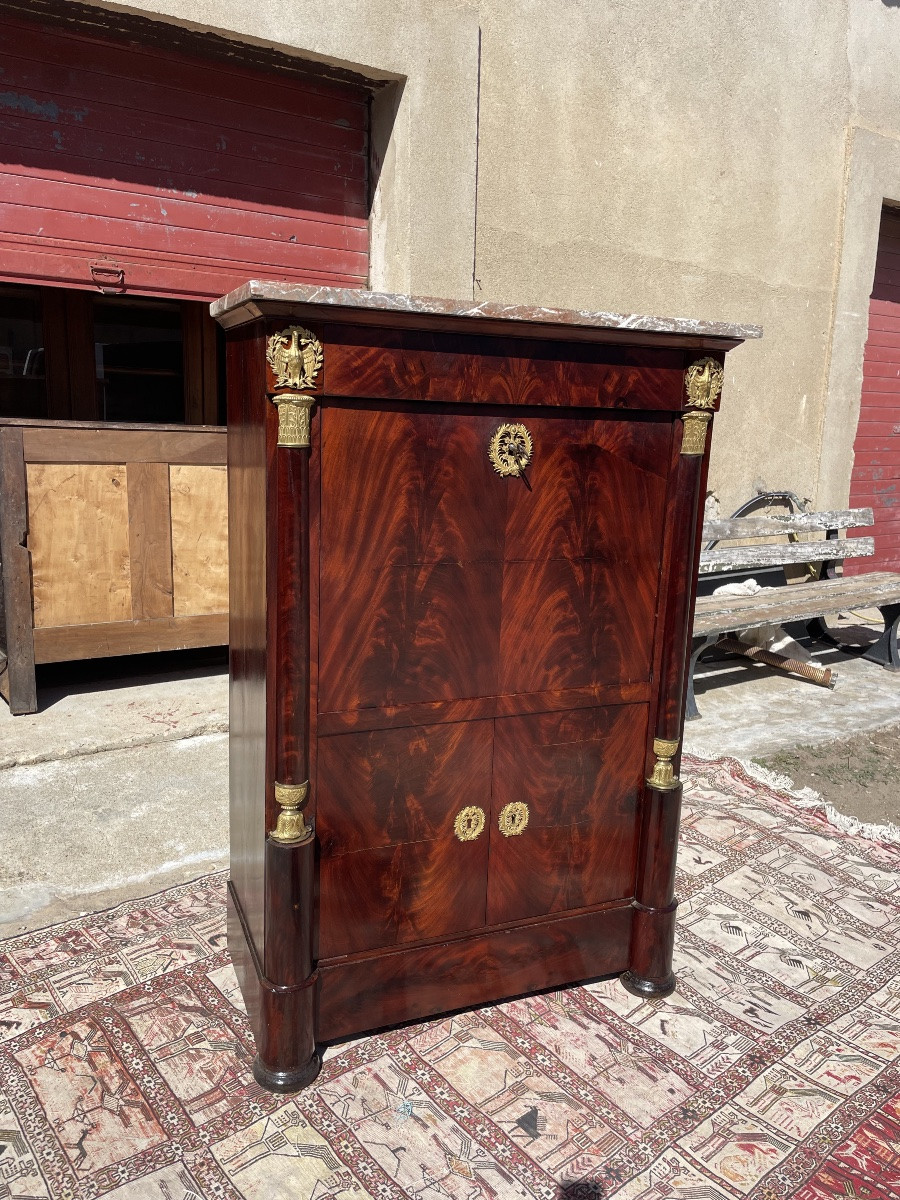 Empire Secretary With Constricted Columns, In Mahogany, 19th Century -photo-4