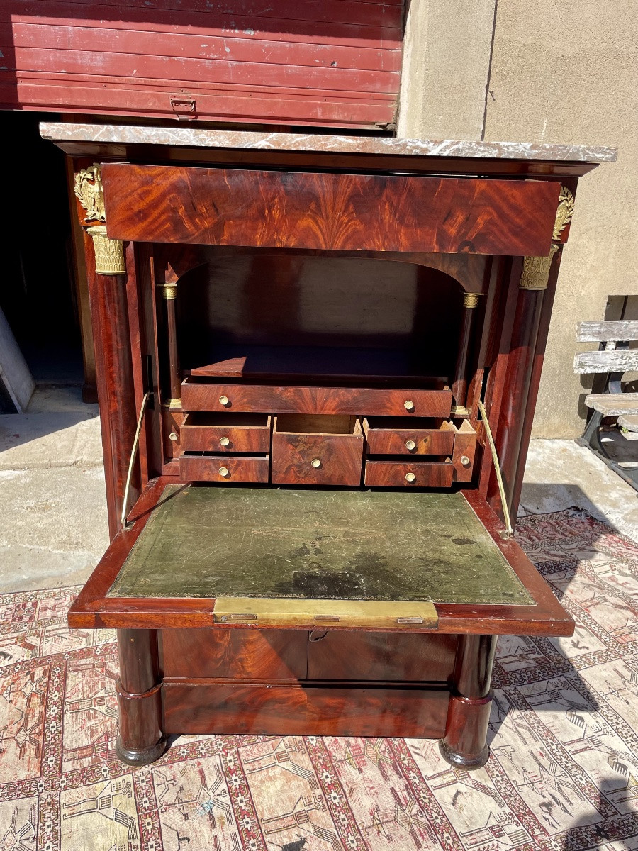 Empire Secretary With Constricted Columns, In Mahogany, 19th Century -photo-2