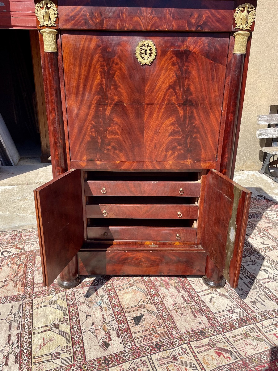 Empire Secretary With Constricted Columns, In Mahogany, 19th Century -photo-3
