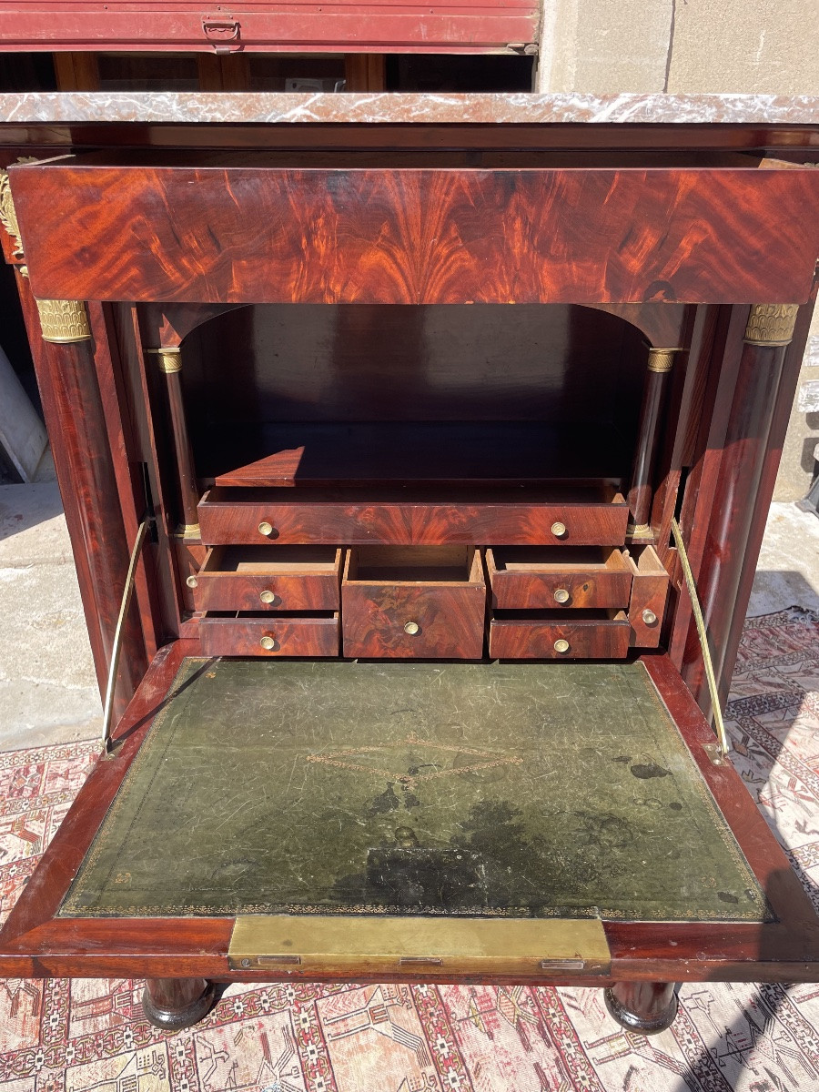Empire Secretary With Constricted Columns, In Mahogany, 19th Century -photo-4