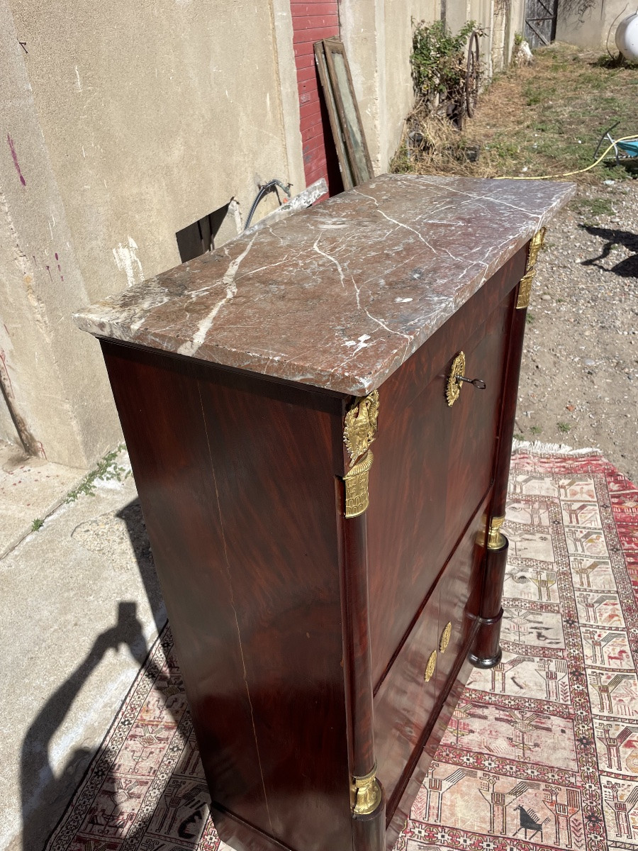 Empire Secretary With Constricted Columns, In Mahogany, 19th Century -photo-8