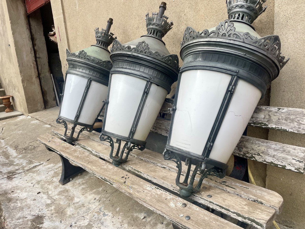Ensemble de trois grandes lanternes de Paris, en bronze d’époque XIXE siècle -photo-2