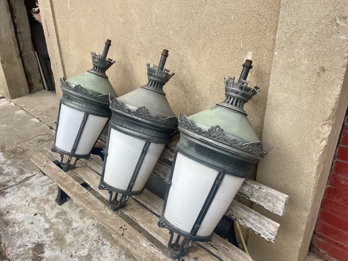 Ensemble de trois grandes lanternes de Paris, en bronze d’époque XIXE siècle -photo-8