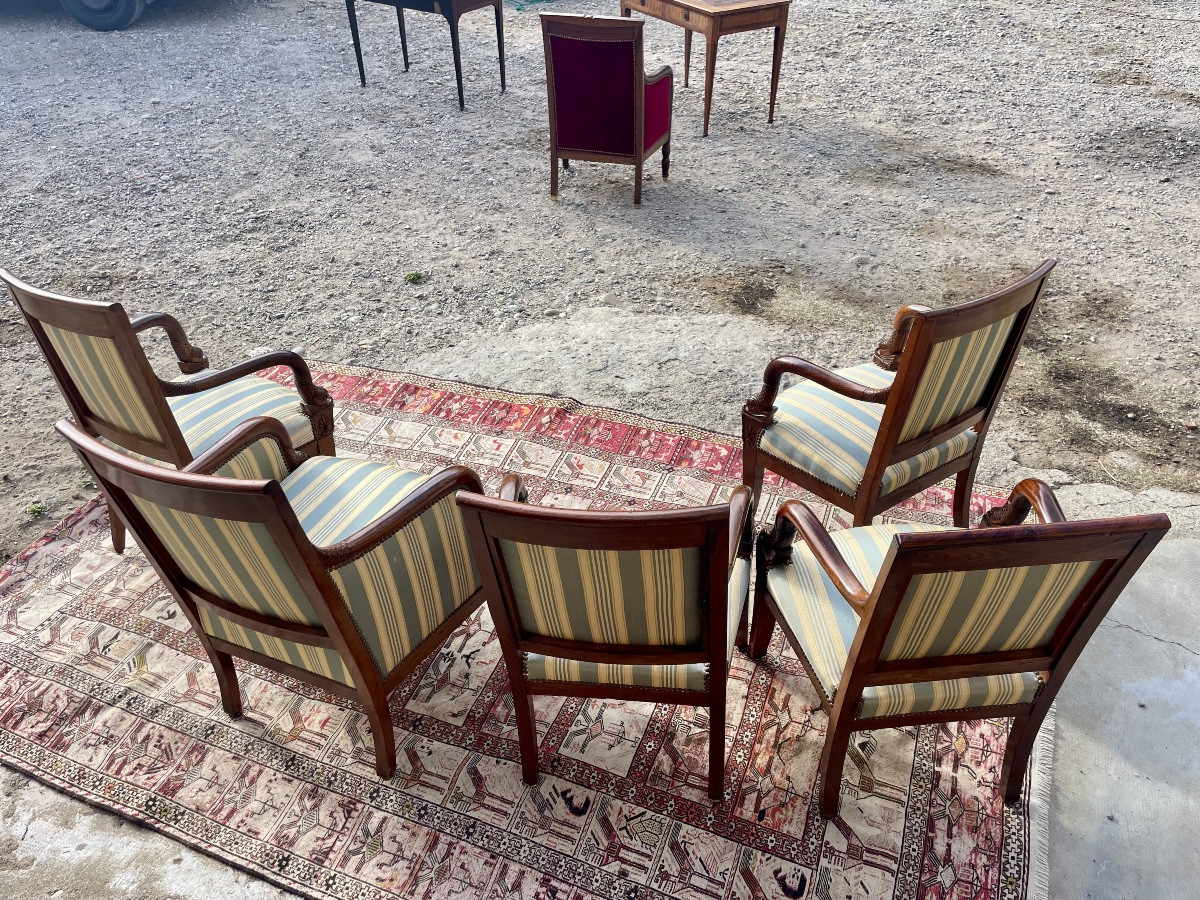 Set Of 5 Empire Armchairs, Stamped Vassou. 19th Century Period. -photo-4