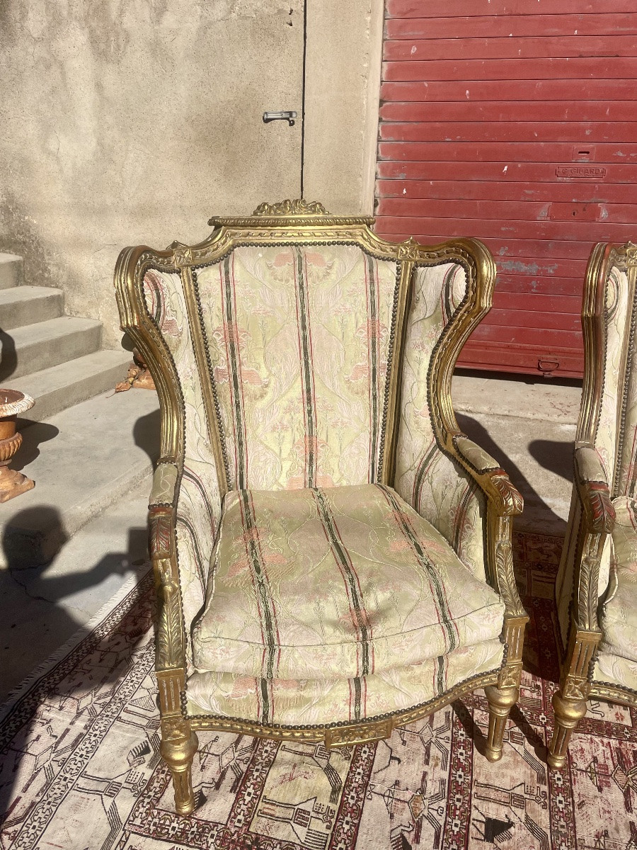 Ensemble de trois bergères  Louis, XVI dorées , 1900-photo-5