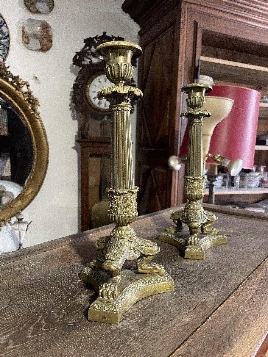 Pair Of Empire Style Gilt Bronze Candlesticks, 19th Century -photo-4