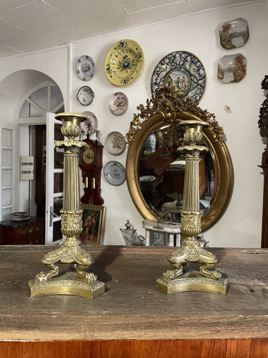 Pair Of Empire Style Gilt Bronze Candlesticks, 19th Century 