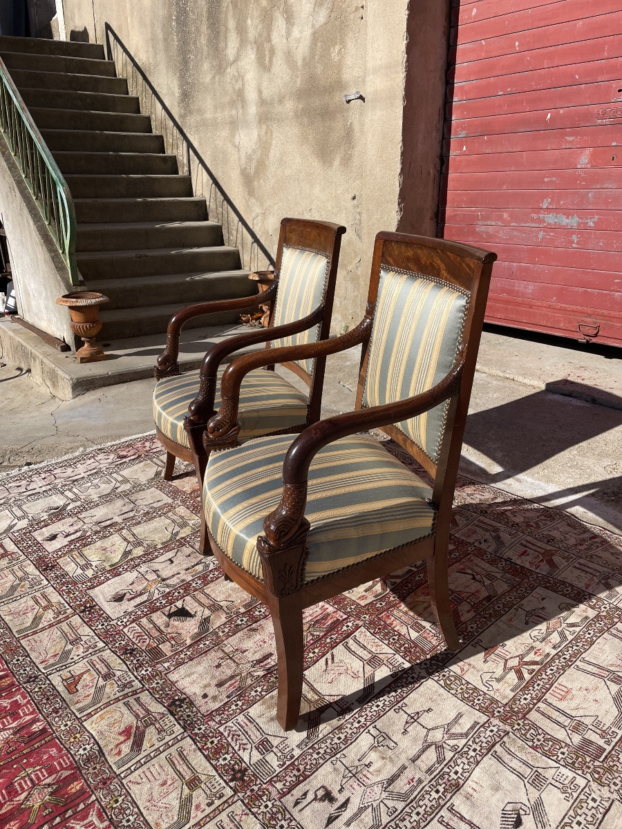 Pair Of Empire-style Mahogany Armchairs, 19th Century -photo-3
