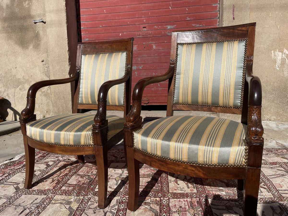 Pair Of Empire-style Mahogany Armchairs, 19th Century -photo-1