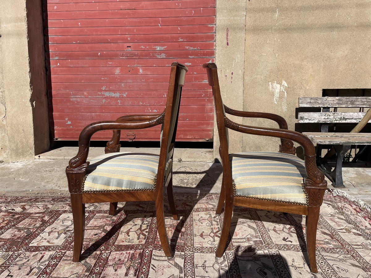 Pair Of Empire-style Mahogany Armchairs, 19th Century -photo-2