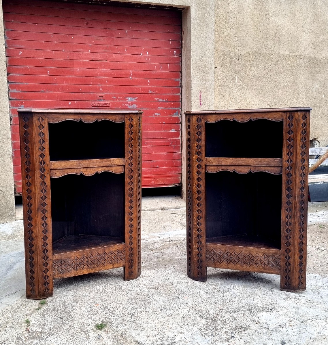 Pair Of Transition Style Corner Cabinets, In Oak And Dating From The 19th Century 