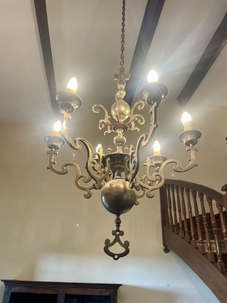 Lustre en laiton, ancien hollandais d’époque XIXem siècle -photo-4