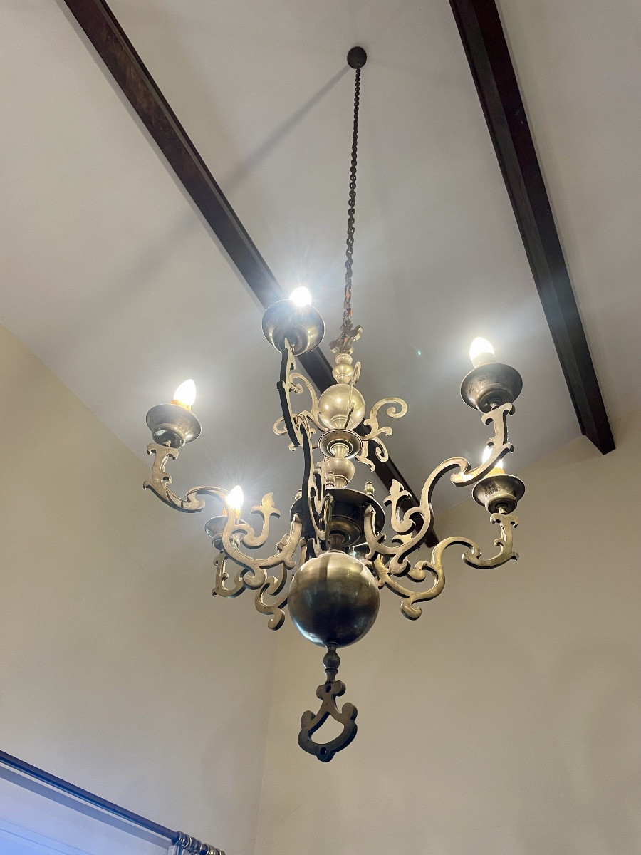 Lustre en laiton, ancien hollandais d’époque XIXem siècle -photo-1
