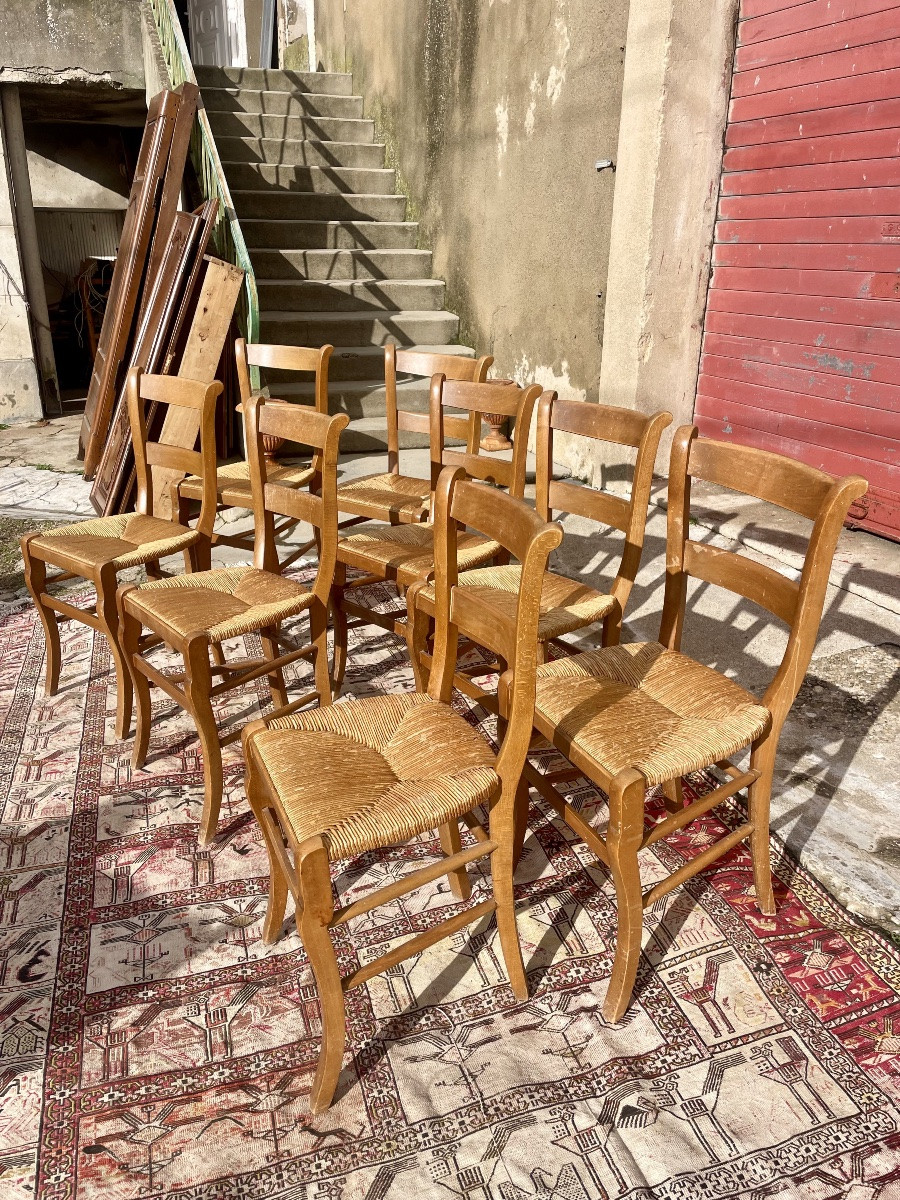 Set Of 8 Dining Chairs In Wood And Straw, 1900.-photo-2