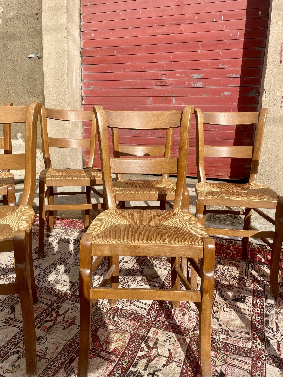 Set Of 8 Dining Chairs In Wood And Straw, 1900.-photo-3