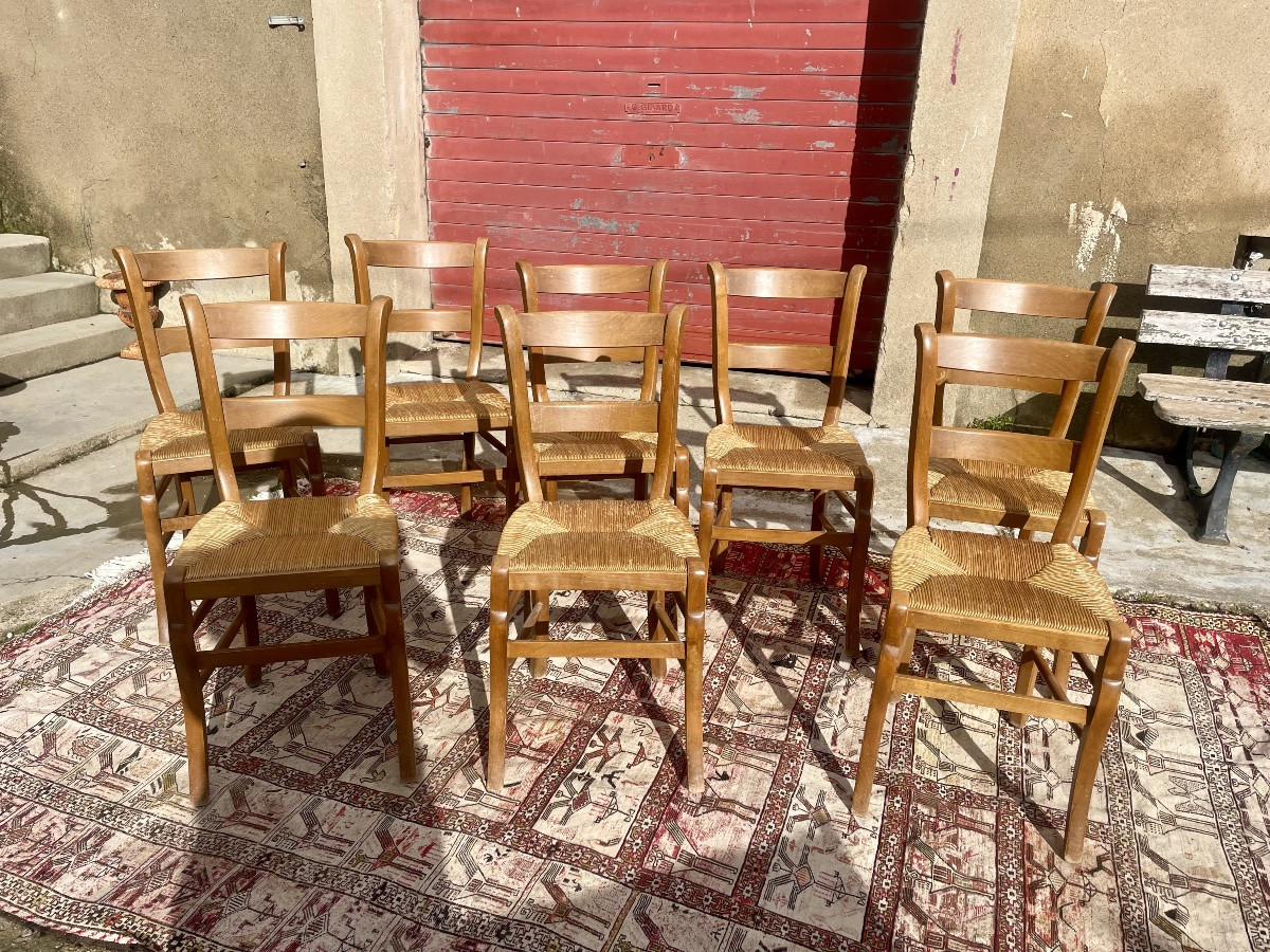 Set Of 8 Dining Chairs In Wood And Straw, 1900.-photo-1