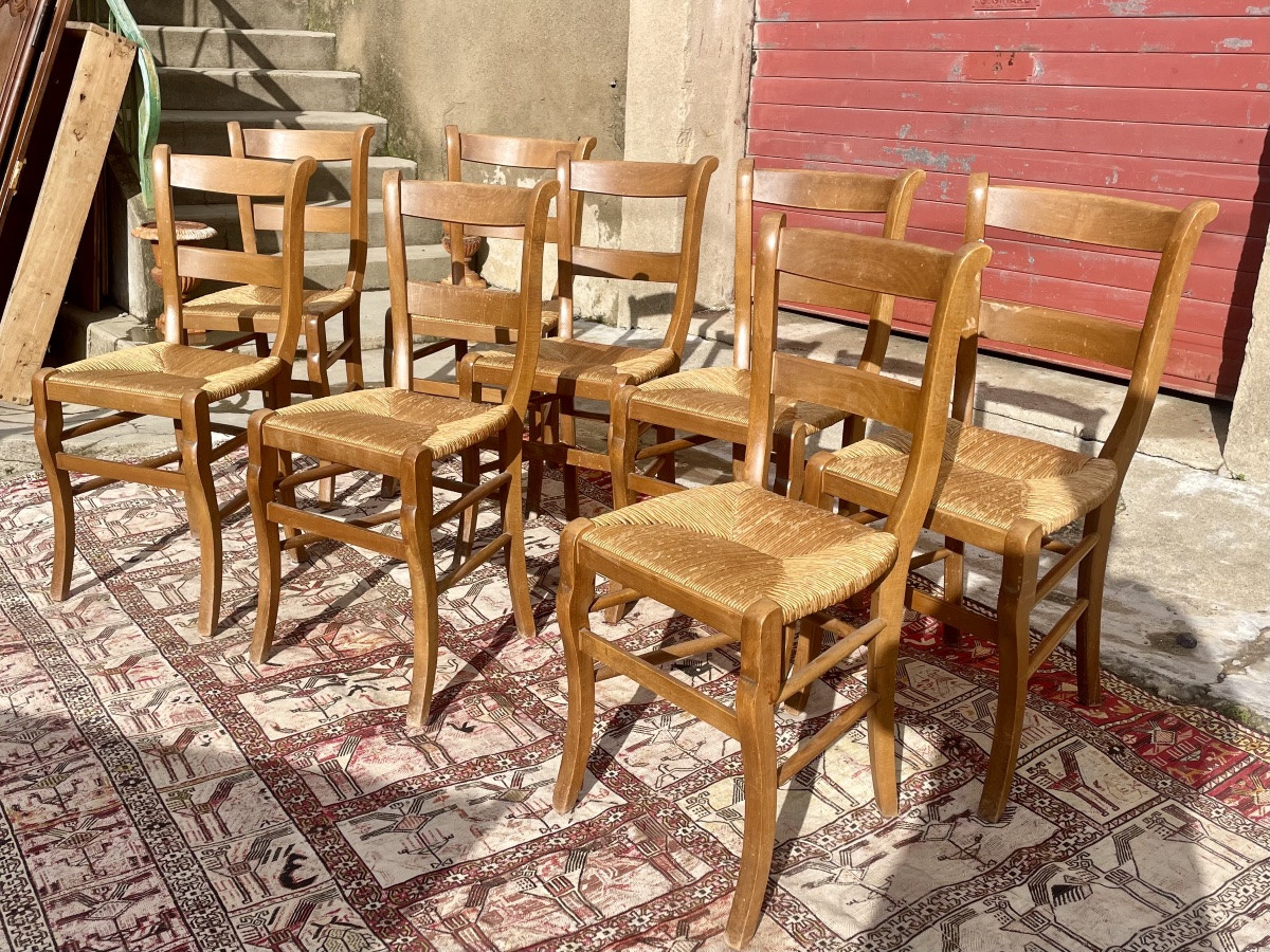 Set Of 8 Dining Chairs In Wood And Straw, 1900.-photo-3