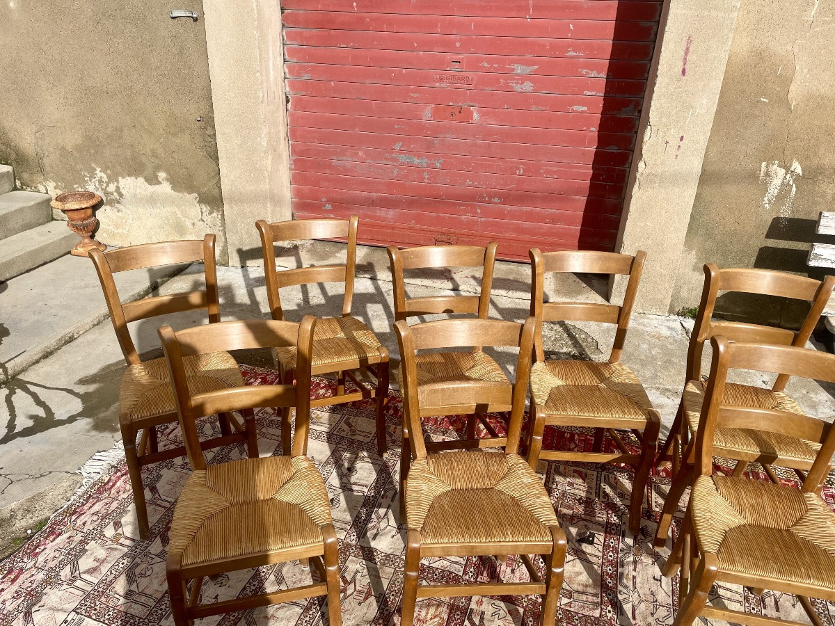 Set Of 8 Dining Chairs In Wood And Straw, 1900.-photo-4